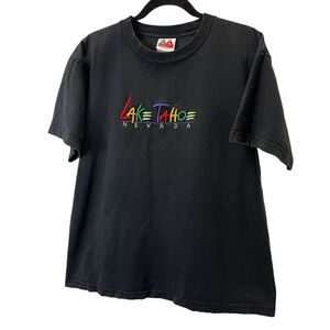 Vintage T Shirt Lake Tahoe Color Block Embroidered Black Graphic Souvenir Size L